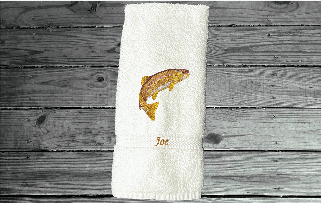 White nautical hand towel embroidered fish on a cotton terry towel premium soft and absorbent 16" x 27". Wonderful gift for dad as a birthday gift or for his fishing trips. For the lake house a great towel design for the cabin, in the kitchen. - Borgmanns Creations