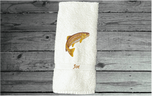 Load image into Gallery viewer, White nautical hand towel embroidered fish on a cotton terry towel premium soft and absorbent 16&quot; x 27&quot;. Wonderful gift for dad as a birthday gift or for his fishing trips. For the lake house a great towel design for the cabin, in the kitchen. - Borgmanns Creations
