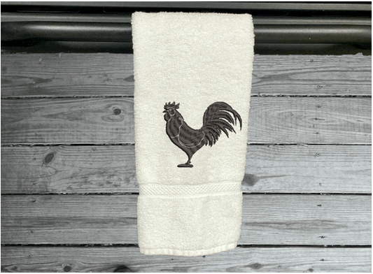 White rooster hand towel,  country theme for the kitchen decor or bathroom decor, custom embroidered design on, cotton hand towel soft and absorbent 16" x 30",  great gift for mom to update her farmhouse decor  - Borgmanns Creations 
