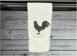 White rooster hand towel,  country theme for the kitchen decor or bathroom decor, custom embroidered design on, cotton hand towel soft and absorbent 16" x 30",  great gift for mom to update her farmhouse decor  - Borgmanns Creations 
