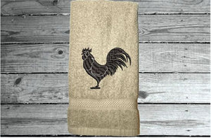 Beige rooster hand towel,  country theme for the kitchen decor or bathroom decor, custom embroidered design on, cotton hand towel soft and absorbent 16" x 27",  great gift for mom to update her farmhouse decor  - Borgmanns Creations 