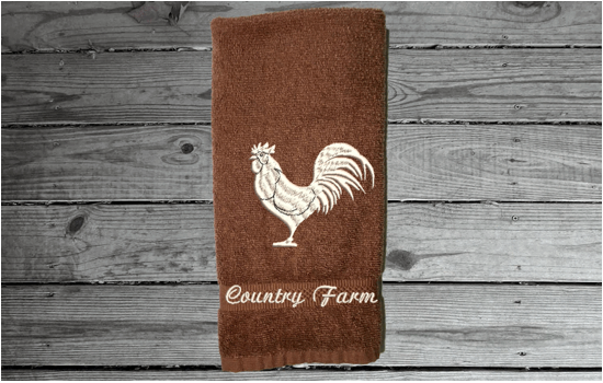 Brown rooster hand towel,  country theme for the kitchen decor or bathroom decor, custom embroidered design on, cotton hand towel soft and absorbent 16" x 27",  great gift for mom to update her farmhouse decor  - Borgmanns Creations 