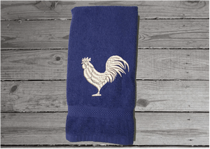 Blue rooster hand towel,  country theme for the kitchen decor or bathroom decor, custom embroidered design on, cotton hand towel soft and absorbent 16" x 27",  great gift for mom to update her farmhouse decor  - Borgmanns Creations 
