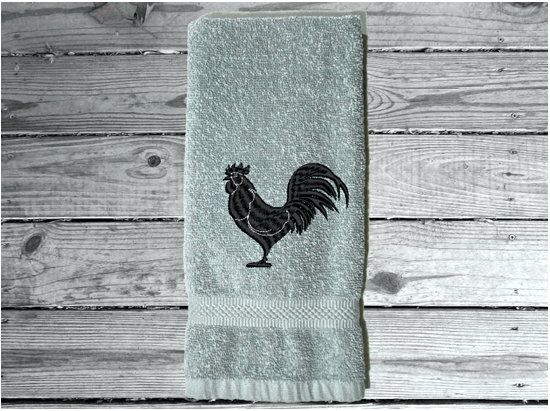 Gray rooster hand towel,  country theme for the kitchen decor or bathroom decor, custom embroidered design on, cotton hand towel soft and absorbent 16" x 27",  great gift for mom to update her farmhouse decor  - Borgmanns Creations 