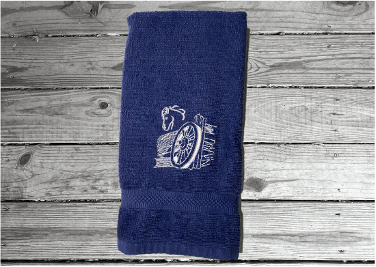 Blue hand towel western theme, embroidered wagon and horse head on a cotton terry towel, soft and absorbent, 16" x 27", the perfect western cowboy design for your gusts to enjoy while at your ranch of home, personalized home decor - Borgmanns Creations 