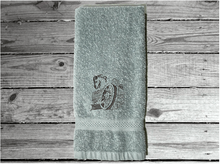 Load image into Gallery viewer, Gray hand towel western theme, embroidered wagon and horse head on a cotton terry towel, soft and absorbent, 16&quot; x 27&quot;, the perfect western cowboy design for your gusts to enjoy while at your ranch of home, personalized home decor - Borgmanns Creations 
