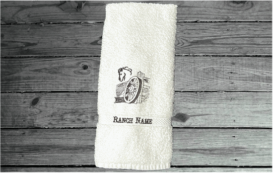 White hand towel western theme, embroidered wagon and horse head on a cotton terry towel, soft and absorbent, 16" x 30", the perfect western cowboy design for your gusts to enjoy while at your ranch of home, personalized home decor - Borgmanns Creations 