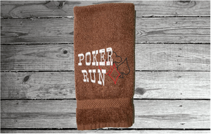 Brown hand towel - party game gift - embroidered design for the card party - make it the prize for the winner or a gift for the hostess -  home decor for the bathroom or  kitchen - cotton terry towel  premium soft and absorbent 16" x 27" - Borgmanns Creations - 1