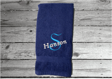 Load image into Gallery viewer, Blue hand towel - wedding gift, personalized embroidered cotton terry towel soft and absorbent  16&quot; x 27&quot;, for the new couple - custom housewarming present for their new home decor. Gift for their anniversary  - Borgmanns creations 
