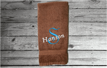 Load image into Gallery viewer, Brown hand towel - wedding gift, personalized embroidered cotton terry towel soft and absorbent  16&quot; x 27&quot;, for the new couple - custom housewarming present for their new home decor. Gift for their anniversary  - Borgmanns creations 
