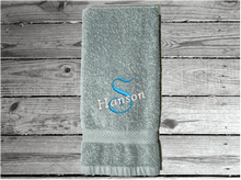 Load image into Gallery viewer, Gray hand towel - wedding gift, personalized embroidered cotton terry towel soft and absorbent  16&quot; x 27&quot;, for the new couple - custom housewarming present for their new home decor. Gift for their anniversary  - Borgmanns creations 
