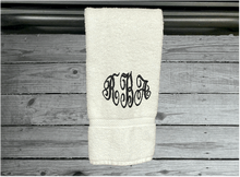 Load image into Gallery viewer, White personalized embroidered terry hand towel,  premium soft absorbent, monogram initials, great colors for a gorgeous  bathroom decor. This custom towel is 16&quot; x 30&quot;, - gift for mom, friend, housewarming gift  - Borgmanns Creations 
