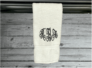 White personalized embroidered terry hand towel,  premium soft absorbent, monogram initials, great colors for a gorgeous  bathroom decor. This custom towel is 16" x 30", - gift for mom, friend, housewarming gift  - Borgmanns Creations 
