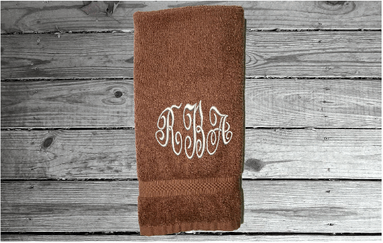 Brown personalized embroidered terry hand towel,  premium soft absorbent, monogram initials, great colors for a gorgeous  bathroom decor. This custom towel is 16" x 27", - gift for mom, friend, housewarming gift  - Borgmanns Creations 
