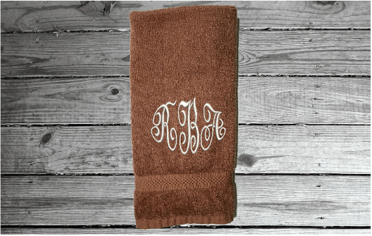 Brown personalized embroidered terry hand towel,  premium soft absorbent, monogram initials, great colors for a gorgeous  bathroom decor. This custom towel is 16" x 27", - gift for mom, friend, housewarming gift  - Borgmanns Creations 