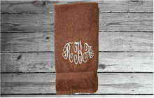 Load image into Gallery viewer, Brown personalized embroidered terry hand towel,  premium soft absorbent, monogram initials, great colors for a gorgeous  bathroom decor. This custom towel is 16&quot; x 27&quot;, - gift for mom, friend, housewarming gift  - Borgmanns Creations 

