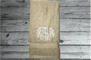 Beige personalized embroidered terry hand towel,  premium soft absorbent, monogram initials, great colors for a gorgeous  bathroom decor. This custom towel is 16" x 27", - gift for mom, friend, housewarming gift  - Borgmanns Creations 