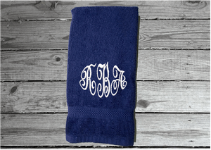 Blue personalized embroidered terry hand towel,  premium soft absorbent, monogram initials, great colors for a gorgeous  bathroom decor. This custom towel is 16" x 27", - gift for mom, friend, housewarming gift  - Borgmanns Creations 
