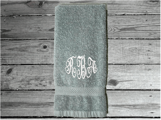 Gray personalized embroidered terry hand towel,  premium soft absorbent, monogram initials, great colors for a gorgeous  bathroom decor. This custom towel is 16" x 27", - gift for mom, friend, housewarming gift  - Borgmanns Creations 