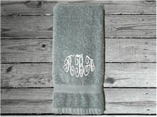 Load image into Gallery viewer, Gray personalized embroidered terry hand towel,  premium soft absorbent, monogram initials, great colors for a gorgeous  bathroom decor. This custom towel is 16&quot; x 27&quot;, - gift for mom, friend, housewarming gift  - Borgmanns Creations 
