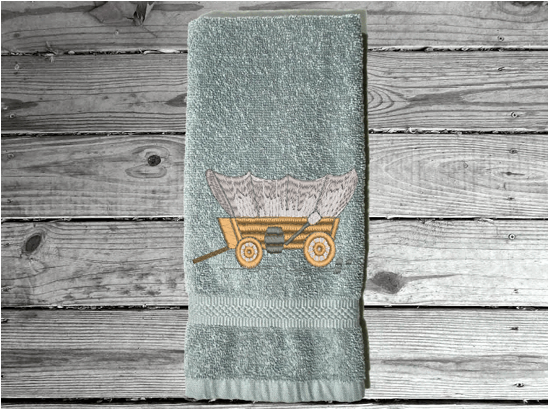 Gray hand towel cover wagon embroidered design, cotton terry towel, soft and absorbent, 16" x 27", give  this custom towel to the RV travelers you know or even show it off in your RV. Personalized gift for a friend - Borgmanns Creations 