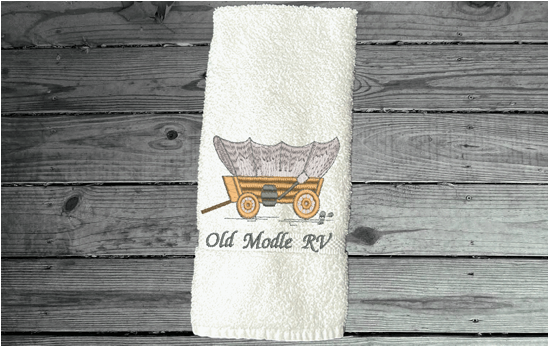 White hand towel cover wagon embroidered design, cotton terry towel, soft and absorbent, 16" x 30", give  this custom towel to the RV travelers you know or even show it off in your RV. Personalized gift for a friend - Borgmanns Creations 