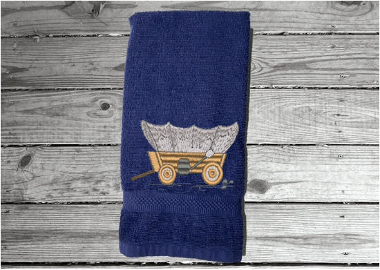Blue hand towel cover wagon embroidered design, cotton terry towel, soft and absorbent, 16" x 27", give  this custom towel to the RV travelers you know or even show it off in your RV. Personalized gift for a friend - Borgmanns Creations 