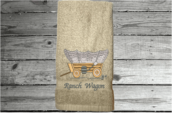 Beige hand towel cover wagon embroidered design, cotton terry towel, soft and absorbent, 16" x 27", give  this custom towel to the RV travelers you know or even show it off in your RV. Personalized gift for a friend - Borgmanns Creations 