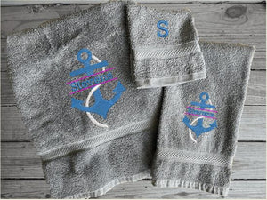 Gray bath towel set or individual towels, personalized name on anchor. This Luxury towel set of 3 towels 1 bath towel 27" x 50",1 hand towel 16" x 27", 1 washcloth 13" x 13". Perfect design for your home, lake home or as a gift for a friend. Premium soft and absorbent towels make a wonderful home decor gift for a friend.  - Borgmanns Creations - 1