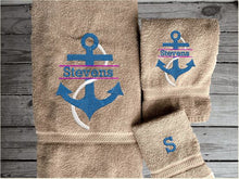 Load image into Gallery viewer, Beige bath towel set or individual towels, personalized name on anchor. This Luxury towel set of 3 towels 1 bath towel 27&quot; x 50&quot;,1 hand towel 16&quot; x 27&quot;, 1 washcloth 13&quot; x 13&quot;. Perfect design for your home, lake home or as a gift for a friend. Premium soft and absorbent towels make a wonderful home decor gift for a friend.  - Borgmanns Creations - 2
