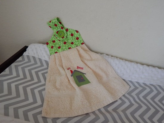 Beige hanging hand towel - lady bug design -Baby shower gift - embroidered bug house design - top with lady bugs for girl or boy nursery - hang on the changing table handy for any clean ups - Custom gift embroidered beige terry towel for mom to be - kids room decor - Borgmanns Creations 1