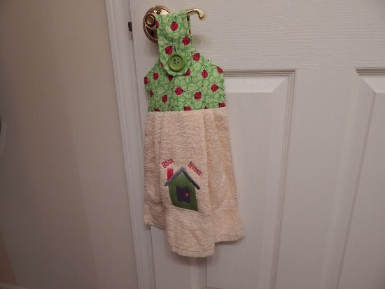 Beige hanging hand towel - lady bug design -Baby shower gift - embroidered bug house design - top with lady bugs for girl or boy nursery - hang on the changing table handy for any clean ups - Custom gift embroidered beige terry towel for mom to be - kids room decor - Borgmanns Creations 3