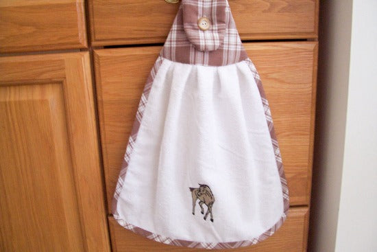 White kitchen hanging hand towel with embroidered horse - western farmhouse kitchen decor -  towel has a top of brown checkered material top is batting filled - ribbing around towel matching top - button for attaching to handle, 15" x 24" - he perfect gift for mom for her birthday gift to display in the kitchen - Borgmanns Creations - 4