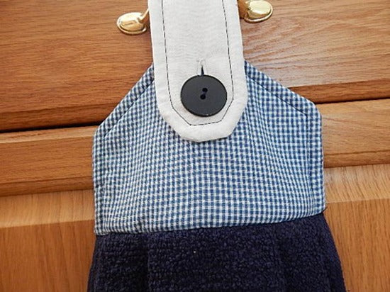 Blue kitchen hanging towel with embroidered saying " Country Kitchen "   -  country farmhouse kitchen decor -  gift for a friend or family member - cotton towel with cotton material for the top  14" x 15" with a 5" cotton print top and button to fasten - Borgmanns Creations - 2