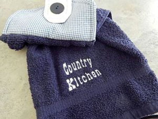 Blue kitchen hanging towel with embroidered saying " Country Kitchen "   -  country farmhouse kitchen decor -  gift for a friend or family member - cotton towel with cotton material for the top  14" x 15" with a 5" cotton print top and button to fasten - Borgmanns Creations - 4