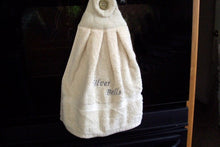 Load image into Gallery viewer, Beige hanging towel - silver bells - perfect Christmas gift for mom with embroidered words Silver Bells for her kitchen decor - It can also be hooked over a bathroom cabinet handle - home decor premium terry towel is 16&quot; wide - 21&quot; long - Borgmanns Creations - 5
