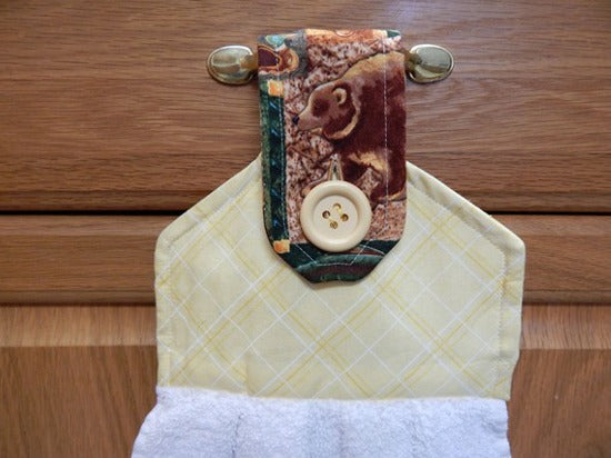 White kitchen hanging hand gift for mom - cotton terry towel with yellow cotton material for the top and loop with button to fasten a handle 13 1/2" x 15" with a 5" cotton print top ​- wonderful party gift, hostess gift, housewarming gift, etc.  - Borgmanns Creations - 2