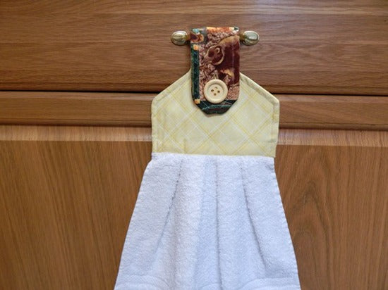 White kitchen hanging hand gift for mom - cotton terry towel with yellow cotton material for the top and loop with button to fasten a handle 13 1/2" x 15" with a 5" cotton print top ​- wonderful party gift, hostess gift, housewarming gift, etc.  - Borgmanns Creations - 3