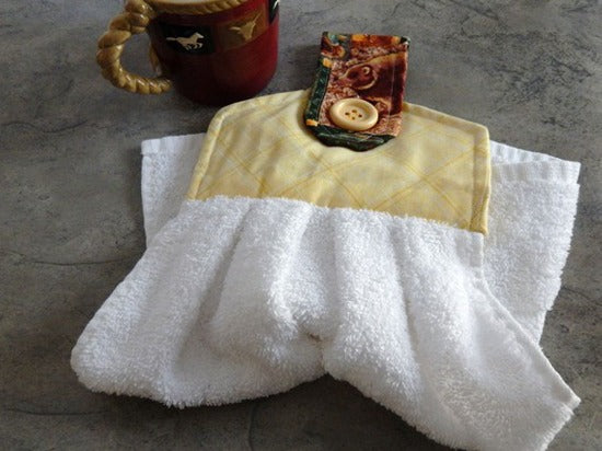 White kitchen hanging hand gift for mom - cotton terry towel with yellow cotton material for the top and loop with button to fasten a handle 13 1/2" x 15" with a 5" cotton print top ​- wonderful party gift, hostess gift, housewarming gift, etc.  - Borgmanns Creations - 4