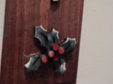 Load image into Gallery viewer, Happy Holidays home decor sign - Christmas wall hanging - laser cut lauan wood glued to a 1&quot; beveled edge mahogany stained wood - 3D Laser Wood Art - Seasons Greetings design - hang on the wall or stand at floor level - 20&quot; x 3 1/2&quot;- Borgmanns Creations
