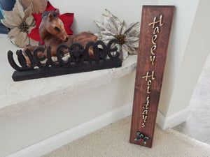 Happy Holidays home decor sign - Christmas wall hanging - laser cut lauan wood glued to a 1" beveled edge mahogany stained wood - 3D Laser Wood Art - Seasons Greetings design - hang on the wall or stand at floor level - 20" x 3 1/2"- Borgmanns Creations