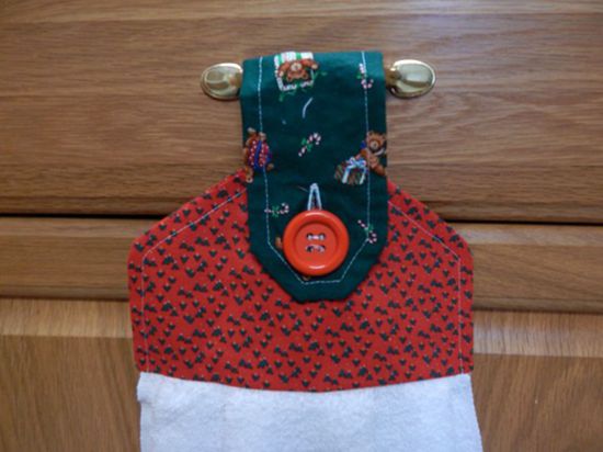 Holiday hand towel bridal shower or wedding - farmhouse  or rustic decor kitchen towel to hang on your oven or drawer handle - cotton terry towel 17" x 15" with a 5" cotton print top -  printed pattern of green Christmas trees with red background and the hoop is green with teddy bears with a red button - Borgmanns Creations -1