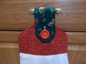 Holiday hand towel bridal shower or wedding - farmhouse  or rustic decor kitchen towel to hang on your oven or drawer handle - cotton terry towel 17" x 15" with a 5" cotton print top -  printed pattern of green Christmas trees with red background and the hoop is green with teddy bears with a red button - Borgmanns Creations -1