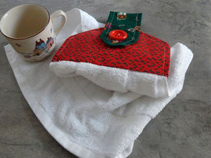Holiday hand towel bridal shower or wedding - farmhouse  or rustic decor kitchen towel to hang on your oven or drawer handle - cotton terry towel 17" x 15" with a 5" cotton print top -  printed pattern of green Christmas trees with red background and the hoop is green with teddy bears with a red button - Borgmanns Creations -3