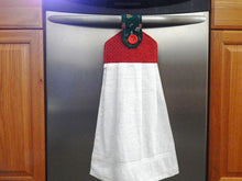 Load image into Gallery viewer, Holiday hand towel bridal shower or wedding - farmhouse  or rustic decor kitchen towel to hang on your oven or drawer handle - cotton terry towel 17&quot; x 15&quot; with a 5&quot; cotton print top -  printed pattern of green Christmas trees with red background and the hoop is green with teddy bears with a red button - Borgmanns Creations -2
