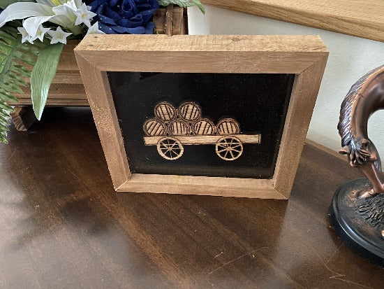 This 3D shadow box laser cut laun wood design of wooden barrels. Framed in 1" wood clear acrylic front black acrylic backing. A western theme farmhouse decor. Wall hanging gift for dad Fathers Day or birthay gift - Borgmanns Creations