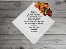 Load image into Gallery viewer, Husband to be gift - personalized monogram handkerchief for the groom from his bride to be - embroidered wedding party gift - cotton handkerchief has satin strips around the edges 16 in x 16 in - Borgmanns Creations - 2
