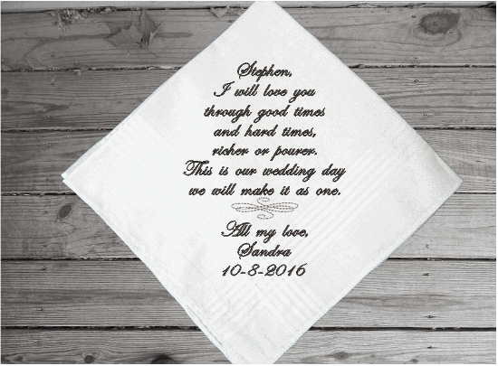 Husband to be gift - personalized monogram handkerchief for the groom from his bride to be - embroidered wedding party gift - cotton handkerchief has satin strips around the edges 16 in x 16 in - Borgmanns Creations - 3