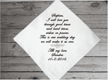 Load image into Gallery viewer, Husband to be gift - personalized monogram handkerchief for the groom from his bride to be - embroidered wedding party gift - cotton handkerchief has satin strips around the edges 16 in x 16 in - Borgmanns Creations - 3
