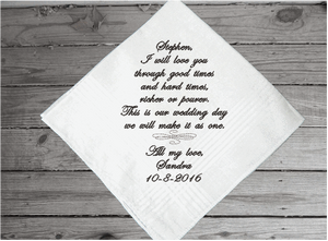 Husband to be gift - personalized monogram handkerchief for the groom from his bride to be - embroidered wedding party gift - cotton handkerchief has satin strips around the edges 16 in x 16 in - Borgmanns Creations - 3